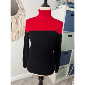 Calvin Klein Women's Shimmer Colorblock Black Red Turtleneck Sweater Holiday M
